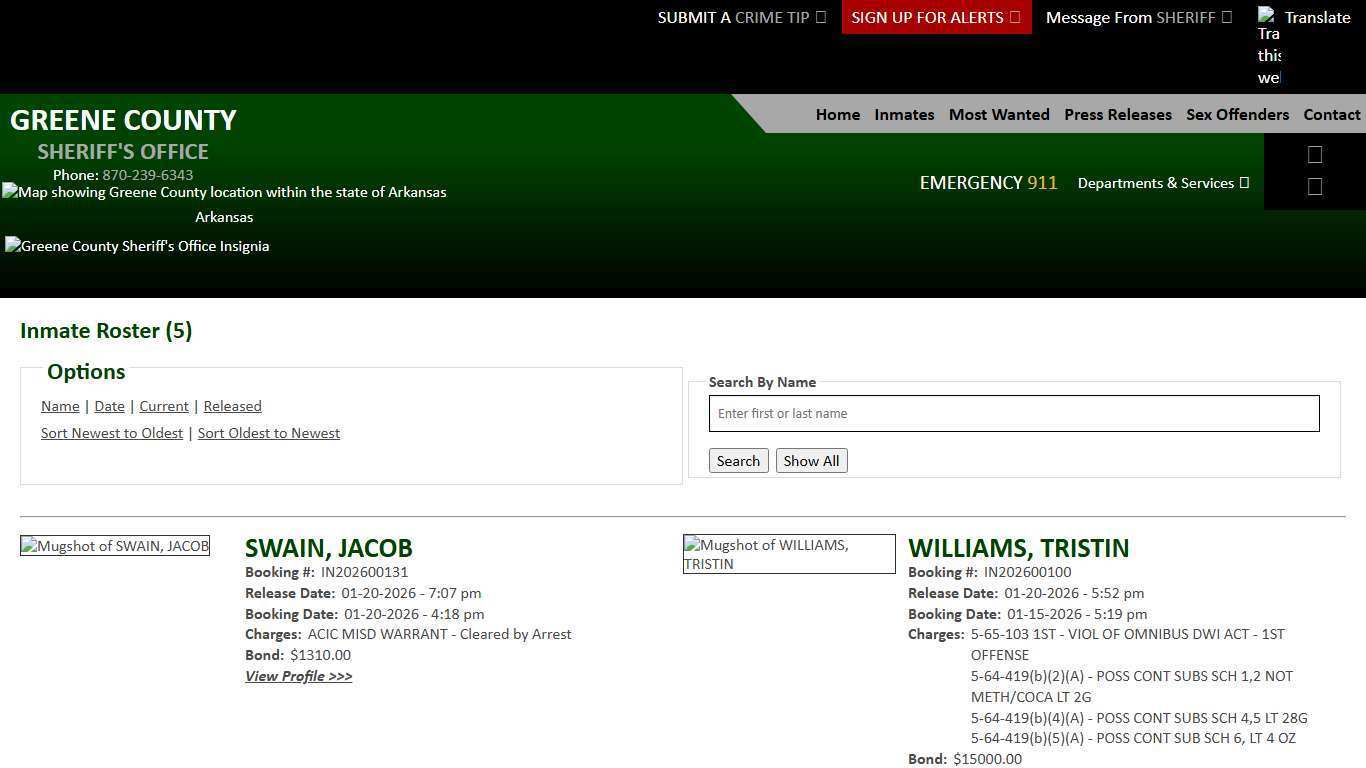 Inmate Roster - Released Inmates Booking Date Descending - Greene County AR Sheriff's Office